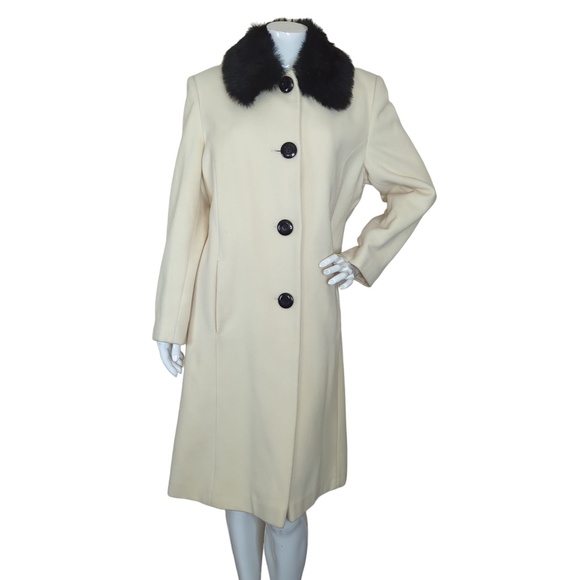 Cashmere Wool Blend Off-White Black Faux Fur Collar Long Coat - Picture 2 of 16